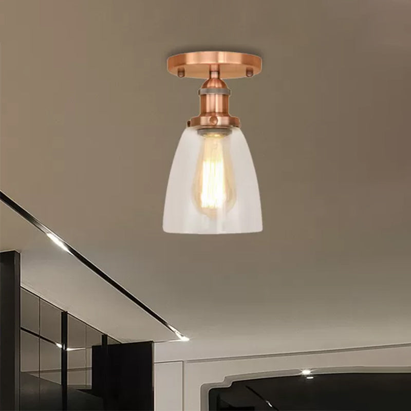 Brass/Copper/Rust One Light Ceiling Mount Industrial Clear Glass Conical Semi Flush Light for Foyer Clearhalo 'Ceiling Lights' 'Close To Ceiling Lights' 'Close to ceiling' 'Glass shade' 'Glass' 'Semi-flushmount' Lighting' 467425