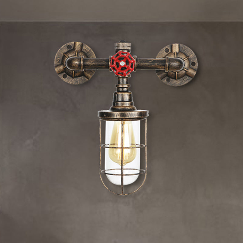 Wire Guard Iron Wall Sconce Lamp with Water Pipe Rustic Style 1 Light Bathroom Wall Light Fixture in Aged Brass Clearhalo 'Art deco wall lights' 'Cast Iron' 'Glass' 'Industrial wall lights' 'Industrial' 'Middle century wall lights' 'Modern' 'Rustic wall lights' 'Tiffany' 'Traditional wall lights' 'Wall Lamps & Sconces' 'Wall Lights' Lighting' 467436