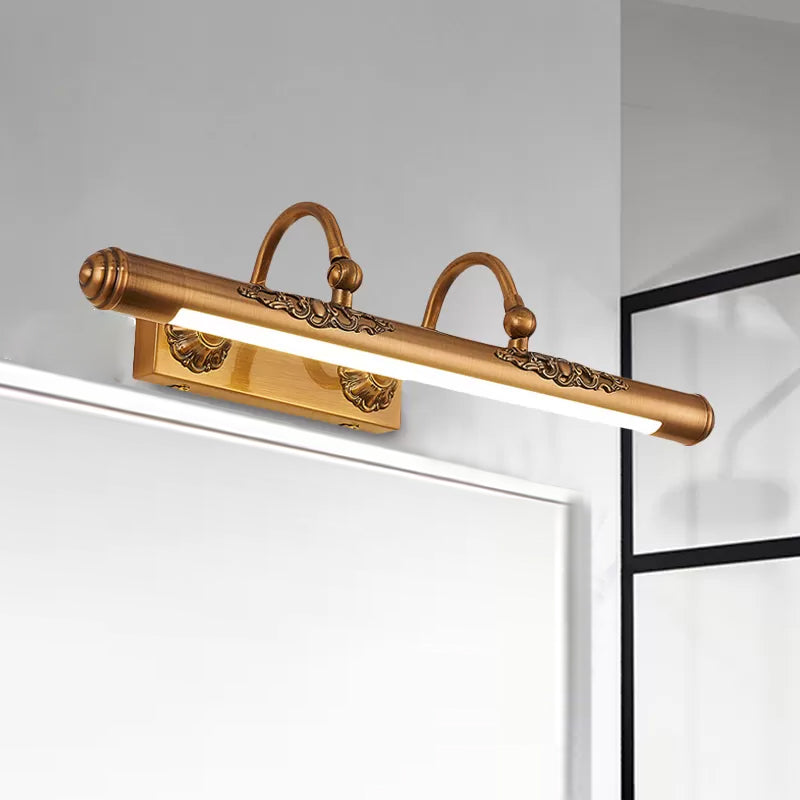 Carved Vanity Light Fixture with Tube Shade Vintage Style Metallic 20.5"/23.5" W LED Golden Wall Lighting for Bathroom Clearhalo 'Cast Iron' 'Glass' 'Industrial' 'Modern wall lights' 'Modern' 'Tiffany' 'Traditional wall lights' 'Vanity Lights' 'Wall Lights' Lighting' 467471