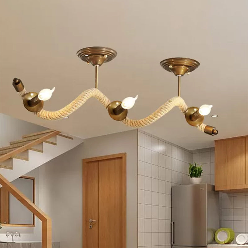 3 Heads Wavy Rope Semi Mount Lighting Vintage Brass Finish Metallic Ceiling Light Fixture with Bare Bulb Clearhalo 'Ceiling Lights' 'Close To Ceiling Lights' 'Close to ceiling' 'Semi-flushmount' Lighting' 467481