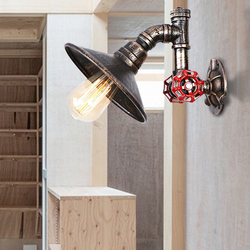 Metallic Flared Shade Wall Sconce Lighting with Pipe and Valve Rustic 1 Light Corridor Wall Lamp in Aged Bronze Clearhalo 'Art deco wall lights' 'Cast Iron' 'Glass' 'Industrial wall lights' 'Industrial' 'Middle century wall lights' 'Modern' 'Rustic wall lights' 'Tiffany' 'Traditional wall lights' 'Wall Lamps & Sconces' 'Wall Lights' Lighting' 467497