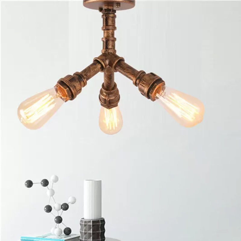 3-Light Ceiling Light with Pipe Metallic Shade Steampunk Living Room Semi Flush Light in Aged Bronze Clearhalo 'Ceiling Lights' 'Close To Ceiling Lights' 'Close to ceiling' 'Semi-flushmount' Lighting' 467503