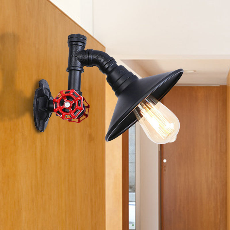 Iron Black Finish Wall Lamp Plumbing Pipe 1 Bulb Rustic Industrial Wall Mount Light with Flat Shade and Red Valve Clearhalo 'Art deco wall lights' 'Cast Iron' 'Glass' 'Industrial wall lights' 'Industrial' 'Middle century wall lights' 'Modern' 'Rustic wall lights' 'Tiffany' 'Traditional wall lights' 'Wall Lamps & Sconces' 'Wall Lights' Lighting' 467509