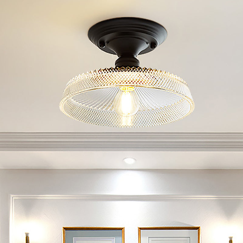 One Light Semi Flush Vintage Textured Glass Barn/Dome/Wavy Living Room Ceiling Lighting in Clear Clearhalo 'Ceiling Lights' 'Close To Ceiling Lights' 'Close to ceiling' 'Glass shade' 'Glass' 'Semi-flushmount' Lighting' 467510