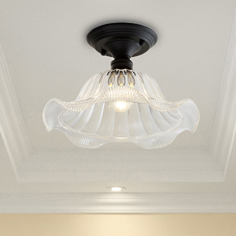 One Light Semi Flush Vintage Textured Glass Barn/Dome/Wavy Living Room Ceiling Lighting in Clear Clearhalo 'Ceiling Lights' 'Close To Ceiling Lights' 'Close to ceiling' 'Glass shade' 'Glass' 'Semi-flushmount' Lighting' 467513