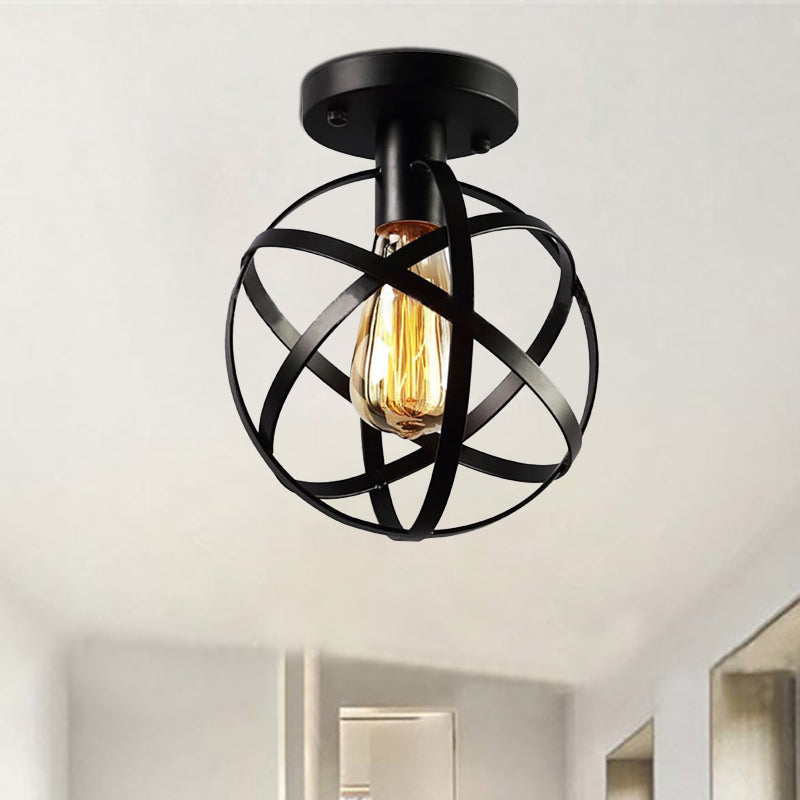 Metal Spherical Semi Flush Light with Cage Shade Loft Industrial 1 Light Living Room Ceiling Lamp in Black Clearhalo 'Ceiling Lights' 'Close To Ceiling Lights' 'Close to ceiling' 'Semi-flushmount' Lighting' 467522