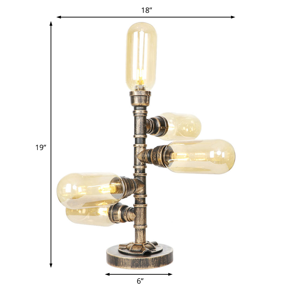 5 Lights Table Light with Round/Tube Shade Clear/Amber Glass Industrial Study Room Task Lighting with Base Clearhalo 'Lamps' 'Table Lamps' Lighting' 467543