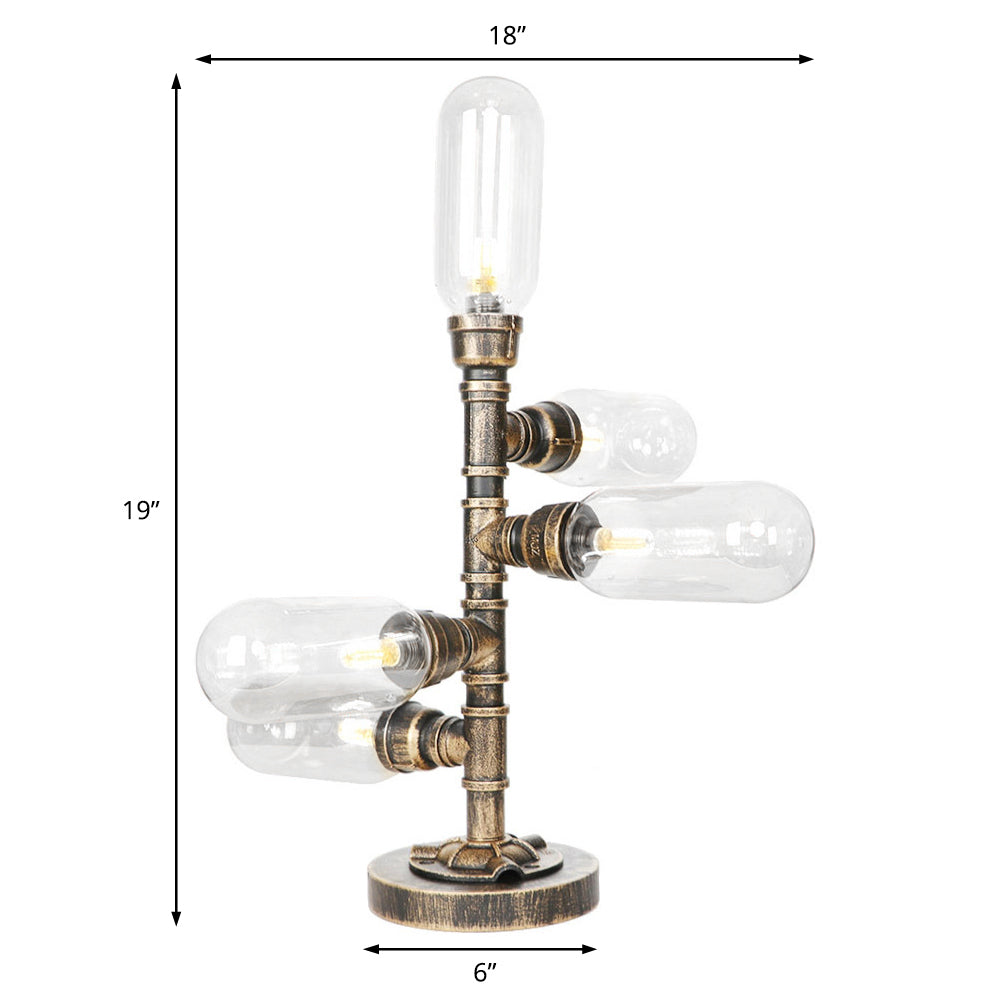 5 Lights Table Light with Round/Tube Shade Clear/Amber Glass Industrial Study Room Task Lighting with Base Clearhalo 'Lamps' 'Table Lamps' Lighting' 467546