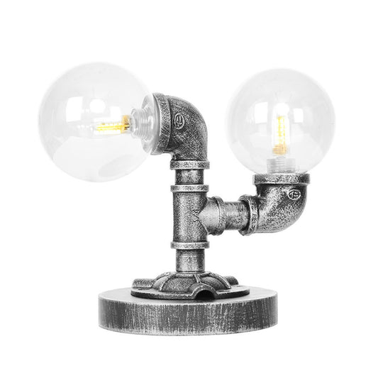 2-Light Desk Lamp Industrial Round Shade Clear/Amber Glass Table Lighting in Antique Silver Clearhalo 'Lamps' 'Table Lamps' Lighting' 467693