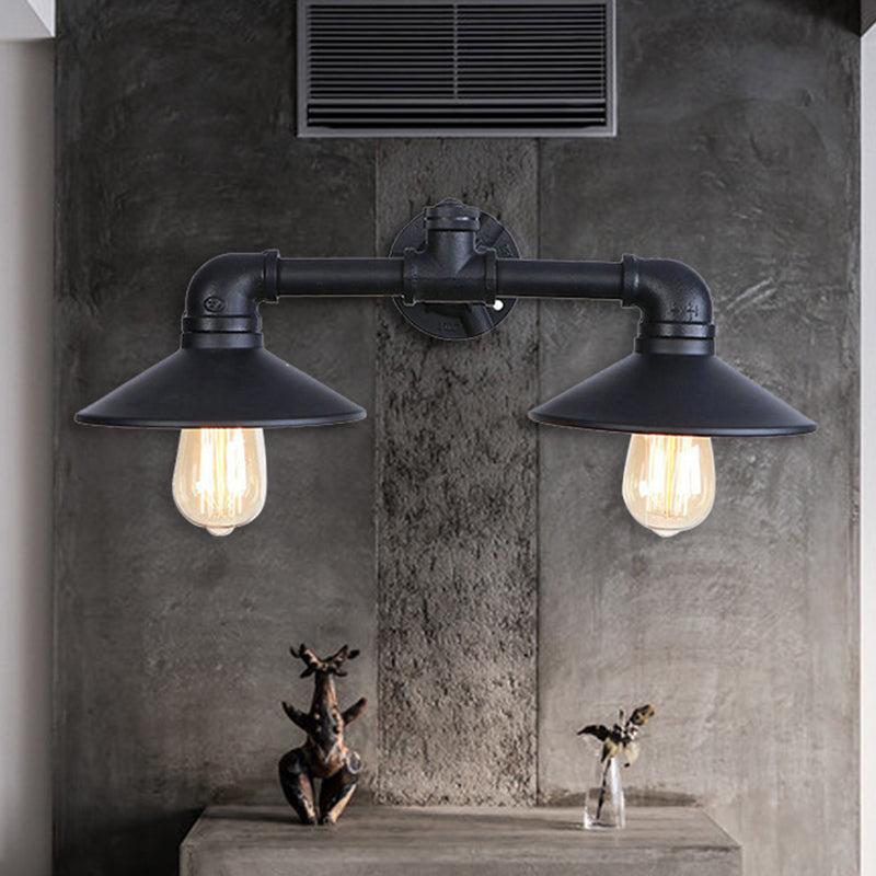 Black Flared Shade Wall Lamp Fixture Industrial Metal 2 Bulbs Dining Room Sconce Lighting with Pipe Clearhalo 'Art deco wall lights' 'Cast Iron' 'Glass' 'Industrial wall lights' 'Industrial' 'Middle century wall lights' 'Modern' 'Rustic wall lights' 'Tiffany' 'Traditional wall lights' 'Wall Lamps & Sconces' 'Wall Lights' Lighting' 467711