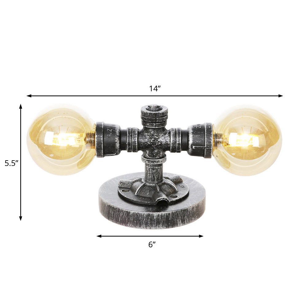 Industrial Round Shade Table Lamp 2 Lights Clear/Amber Glass Desk Light in Antique Silver with Base Clearhalo 'Lamps' 'Table Lamps' Lighting' 467716