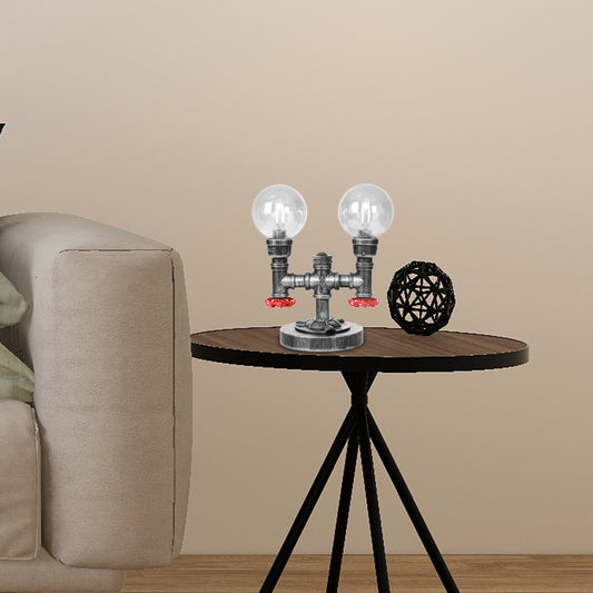 Industrial Round Shade Table Lamp 2 Lights Clear/Amber Glass Desk Light in Antique Silver with Base Clear A Clearhalo 'Lamps' 'Table Lamps' Lighting' 467726