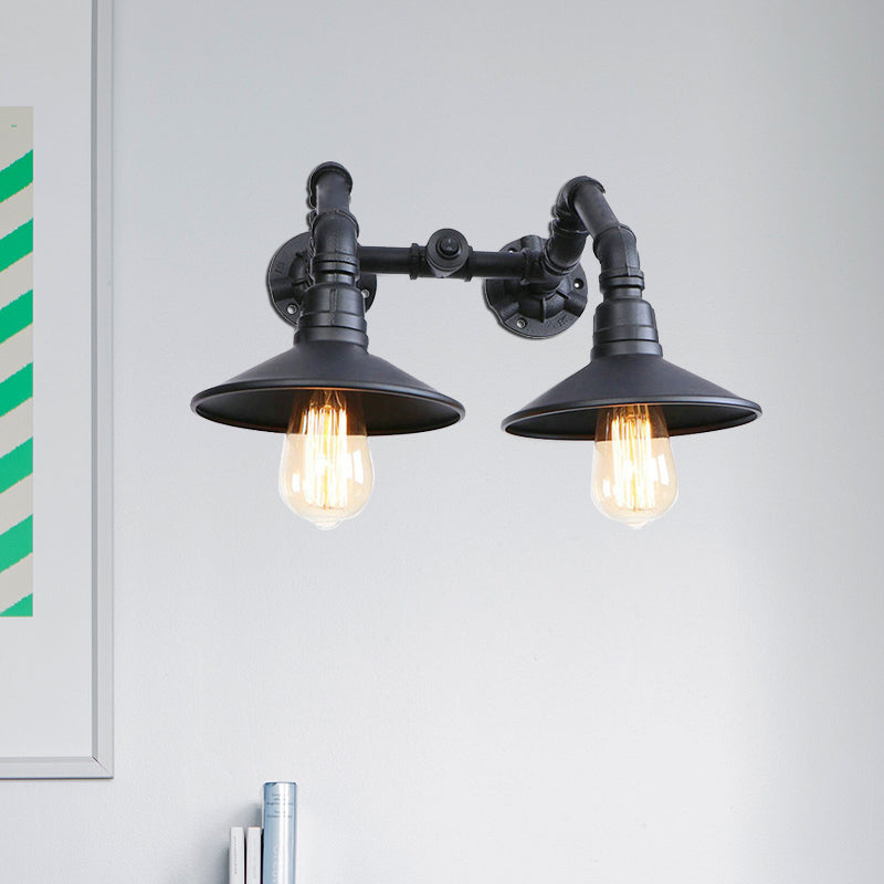 Black Finish Saucer Wall Sconce Warehouse Style Metal 2 Lights Indoor Wall Mount Light with Water Pipe Clearhalo 'Art deco wall lights' 'Cast Iron' 'Glass' 'Industrial wall lights' 'Industrial' 'Middle century wall lights' 'Modern' 'Rustic wall lights' 'Tiffany' 'Traditional wall lights' 'Wall Lamps & Sconces' 'Wall Lights' Lighting' 467765