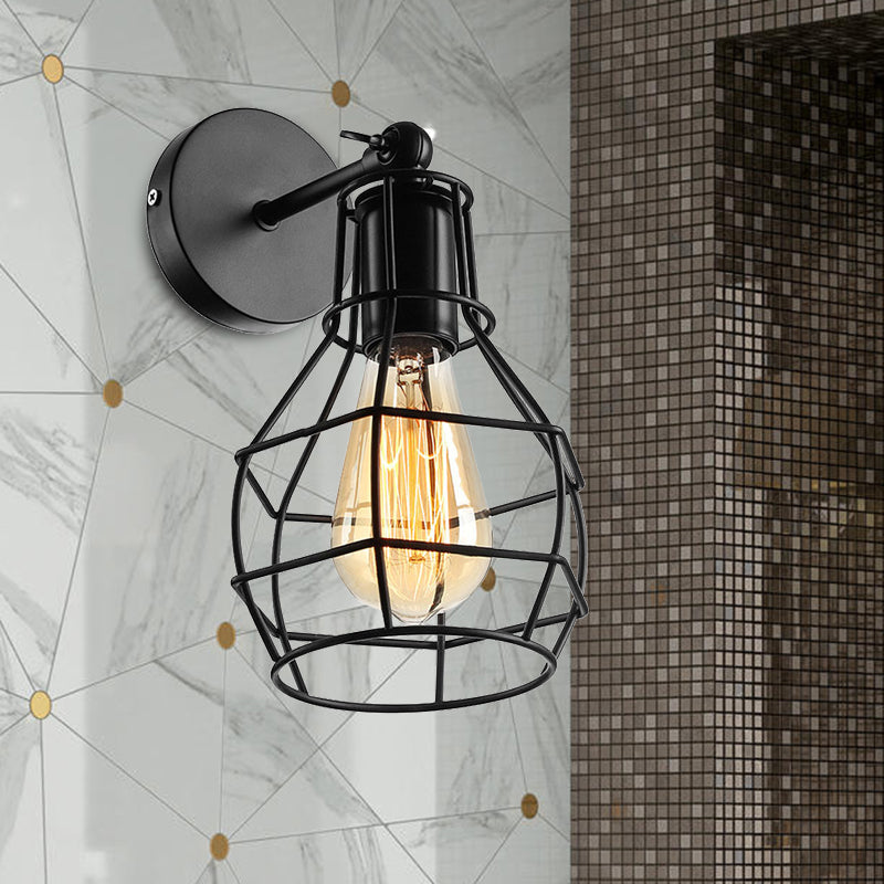 Black Barrel/Flared Cage Wall Sconce Industrial Style Metal 1 Head Living Room Rotatable Wall Mount Light Clearhalo 'Art deco wall lights' 'Cast Iron' 'Glass' 'Industrial wall lights' 'Industrial' 'Middle century wall lights' 'Modern' 'Rustic wall lights' 'Tiffany' 'Traditional wall lights' 'Wall Lamps & Sconces' 'Wall Lights' Lighting' 467805