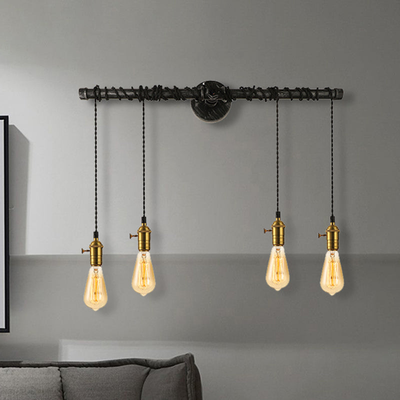 4 Lights Linear Piped Wall Light Sconce with Open Bulb Industrial Brass Metal Wall Mount Lamp Clearhalo 'Art deco wall lights' 'Cast Iron' 'Glass' 'Industrial wall lights' 'Industrial' 'Middle century wall lights' 'Modern' 'Rustic wall lights' 'Tiffany' 'Traditional wall lights' 'Wall Lamps & Sconces' 'Wall Lights' Lighting' 467821
