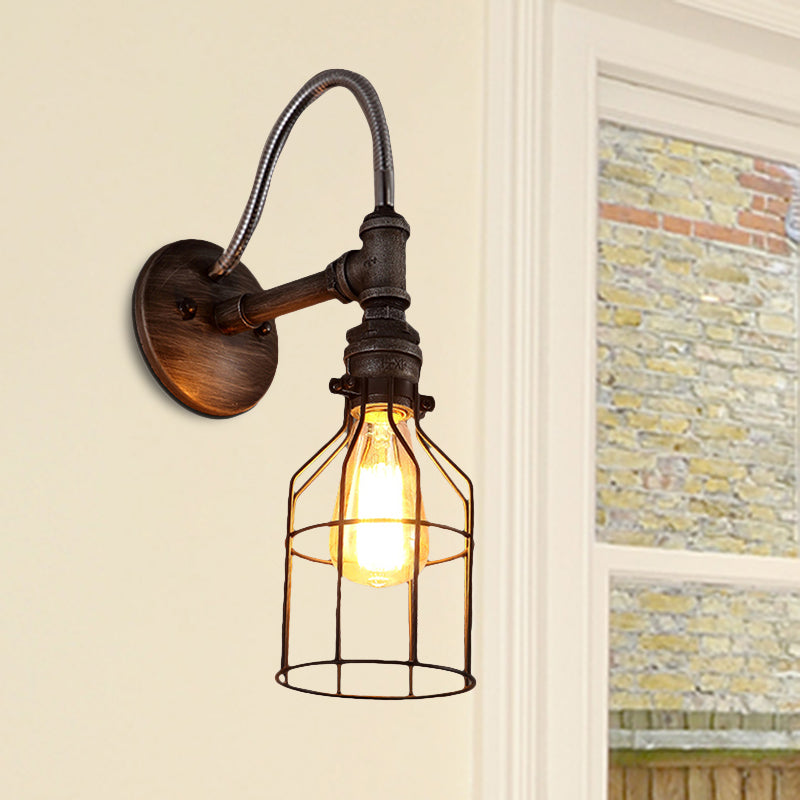 Warehouse Caged Wall Light Fixture with Gooseneck Arm 1 Light Metal Wall Sconce Light in Rust Clearhalo 'Art deco wall lights' 'Cast Iron' 'Glass' 'Industrial wall lights' 'Industrial' 'Middle century wall lights' 'Modern' 'Rustic wall lights' 'Tiffany' 'Traditional wall lights' 'Wall Lamps & Sconces' 'Wall Lights' Lighting' 467824