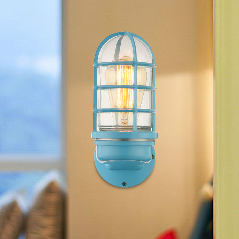 Cylinder Clear Glass Wall Mounted Lamp Industrial Single Bulb Living Room Sconce Light in Pink/Blue/Green with Cage Clearhalo 'Cast Iron' 'Glass' 'Industrial' 'Modern wall lights' 'Modern' 'Tiffany' 'Traditional wall lights' 'Wall Lamps & Sconces' 'Wall Lights' Lighting' 467846