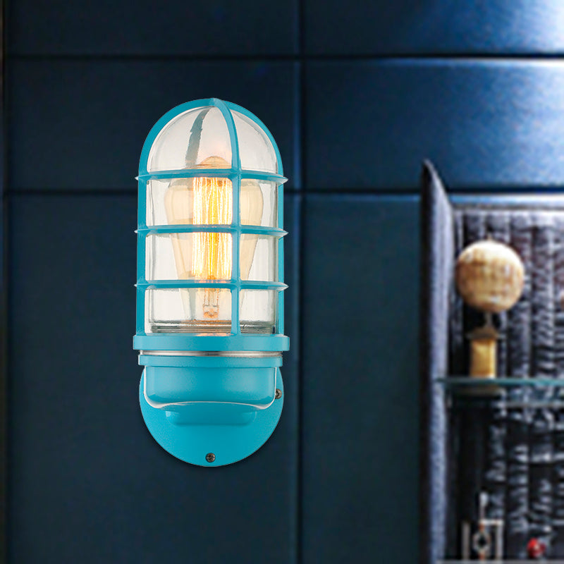 Cylinder Clear Glass Wall Mounted Lamp Industrial Single Bulb Living Room Sconce Light in Pink/Blue/Green with Cage Clearhalo 'Cast Iron' 'Glass' 'Industrial' 'Modern wall lights' 'Modern' 'Tiffany' 'Traditional wall lights' 'Wall Lamps & Sconces' 'Wall Lights' Lighting' 467847