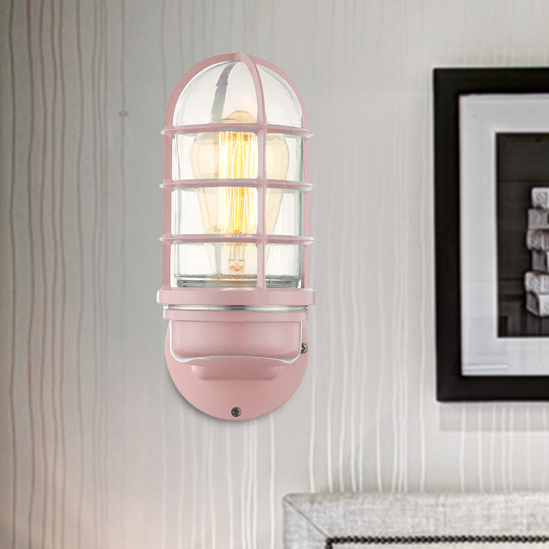Cylinder Clear Glass Wall Mounted Lamp Industrial Single Bulb Living Room Sconce Light in Pink/Blue/Green with Cage Clearhalo 'Cast Iron' 'Glass' 'Industrial' 'Modern wall lights' 'Modern' 'Tiffany' 'Traditional wall lights' 'Wall Lamps & Sconces' 'Wall Lights' Lighting' 467848