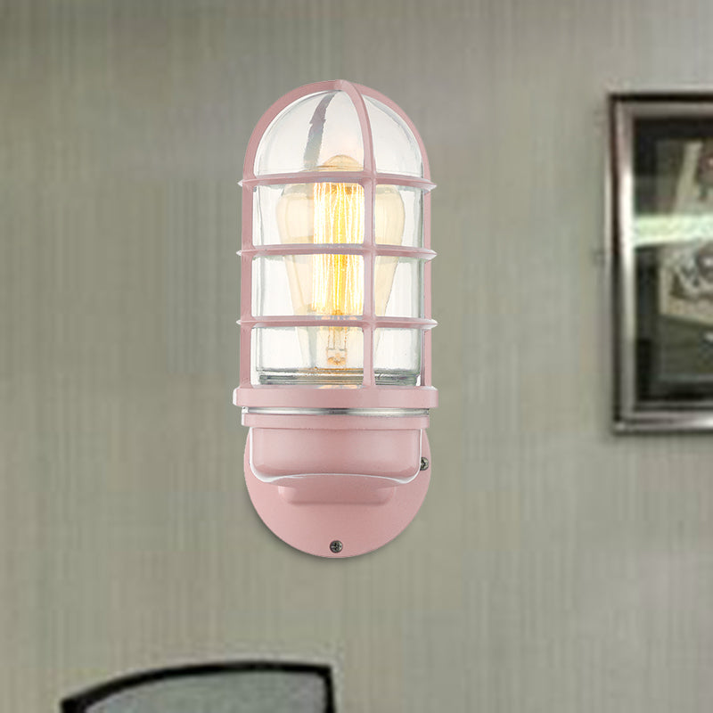Cylinder Clear Glass Wall Mounted Lamp Industrial Single Bulb Living Room Sconce Light in Pink/Blue/Green with Cage Clearhalo 'Cast Iron' 'Glass' 'Industrial' 'Modern wall lights' 'Modern' 'Tiffany' 'Traditional wall lights' 'Wall Lamps & Sconces' 'Wall Lights' Lighting' 467849