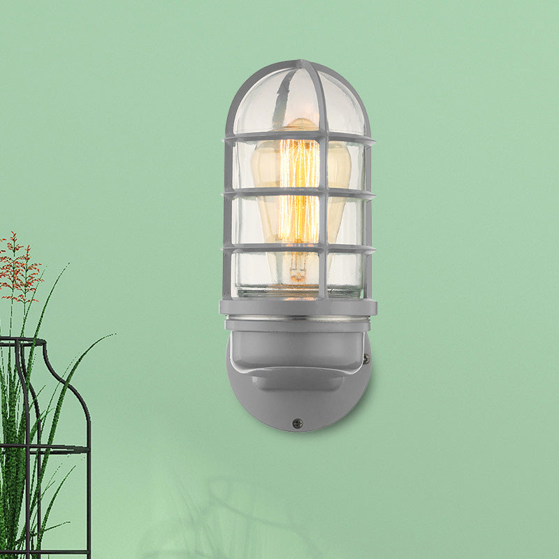 Cylinder Clear Glass Wall Mounted Lamp Industrial Single Bulb Living Room Sconce Light in Pink/Blue/Green with Cage Clearhalo 'Cast Iron' 'Glass' 'Industrial' 'Modern wall lights' 'Modern' 'Tiffany' 'Traditional wall lights' 'Wall Lamps & Sconces' 'Wall Lights' Lighting' 467850
