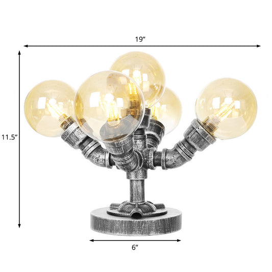 Clear/Amber Glass Globe Shade Task Lighting Industrial 4/5-Light Study Room Desk Lamp in Antique Silver Clearhalo 'Lamps' 'Table Lamps' Lighting' 467870