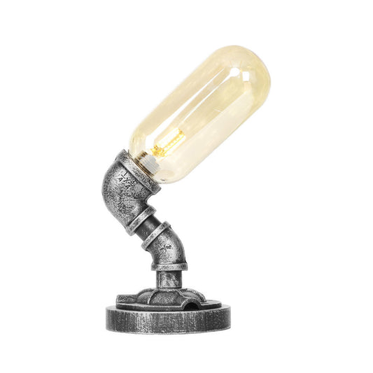 Antique Silver One Light Desk Light Industrial Clear/Amber Glass Capsule Shade Task Lighting with Curved Arm Clearhalo 'Lamps' 'Table Lamps' Lighting' 467896