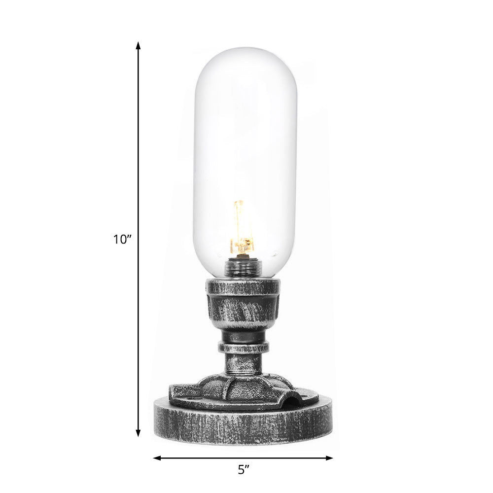 Antique Silver One Light Desk Light Industrial Clear/Amber Glass Capsule Shade Task Lighting with Curved Arm Clearhalo 'Lamps' 'Table Lamps' Lighting' 467903