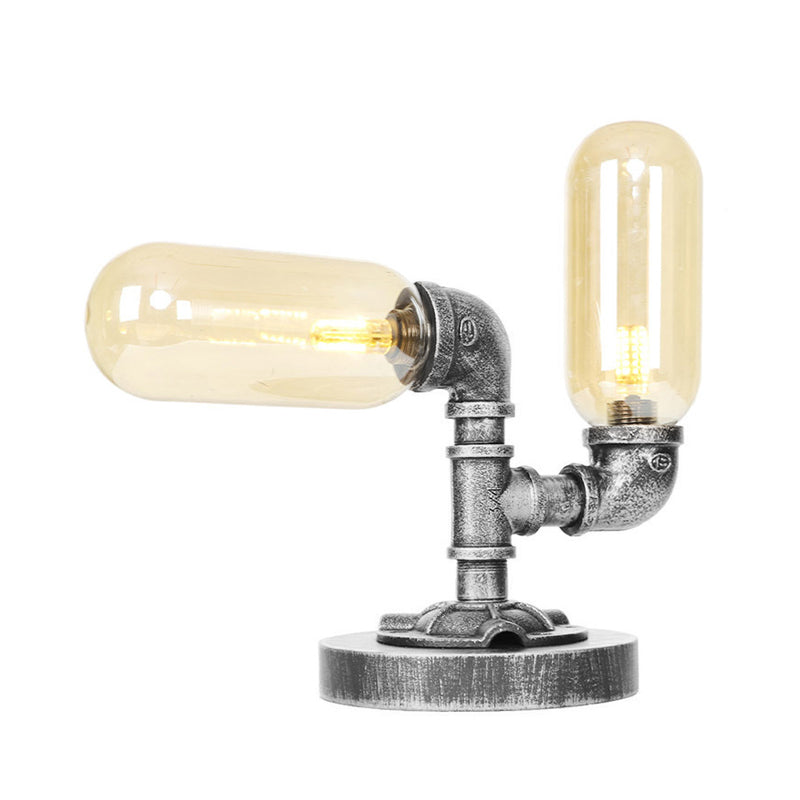 Tube Shade Living Room Task Lighting Industrial Clear/Amber Glass 2 Lights Antique Silver Sconce Lamp with Base Clearhalo 'Lamps' 'Table Lamps' Lighting' 467915