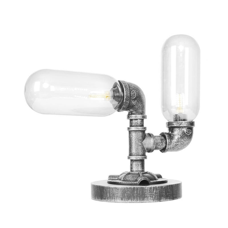 Tube Shade Living Room Task Lighting Industrial Clear/Amber Glass 2 Lights Antique Silver Sconce Lamp with Base Clearhalo 'Lamps' 'Table Lamps' Lighting' 467921