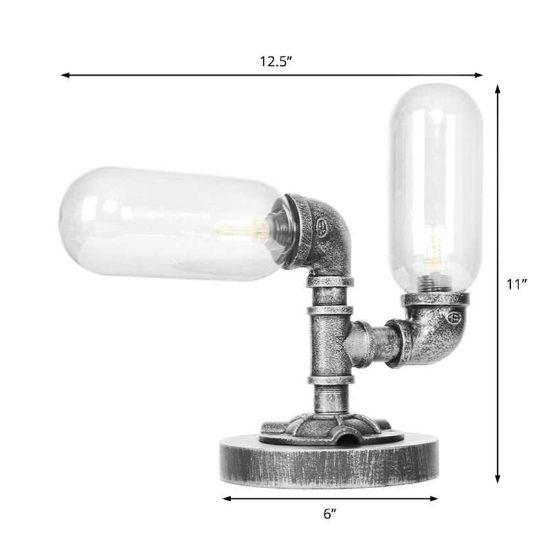 Tube Shade Living Room Task Lighting Industrial Clear/Amber Glass 2 Lights Antique Silver Sconce Lamp with Base Clearhalo 'Lamps' 'Table Lamps' Lighting' 467922