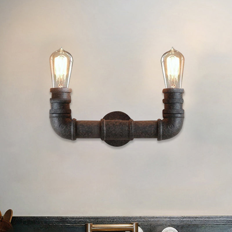 Farmhouse U-Shaped Wall Sconce Lighting with Pipe 2 Lights Wrought Iron Wall Lighting in Weathered Bronze Clearhalo 'Art deco wall lights' 'Cast Iron' 'Glass' 'Industrial wall lights' 'Industrial' 'Middle century wall lights' 'Modern' 'Rustic wall lights' 'Tiffany' 'Traditional wall lights' 'Wall Lamps & Sconces' 'Wall Lights' Lighting' 468155