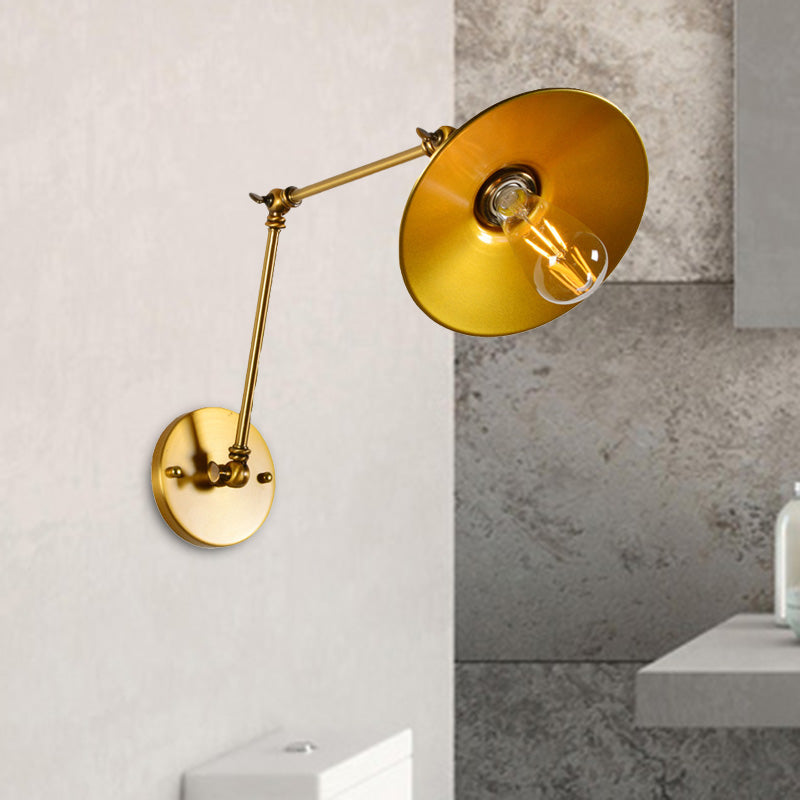 Industrial Style Swing Arm Wall Lamp with Flared Shade 1 Light Metal Wall Mount Light in Brass Clearhalo 'Art deco wall lights' 'Cast Iron' 'Glass' 'Industrial wall lights' 'Industrial' 'Middle century wall lights' 'Modern' 'Rustic wall lights' 'Tiffany' 'Traditional wall lights' 'Wall Lamps & Sconces' 'Wall Lights' Lighting' 468200