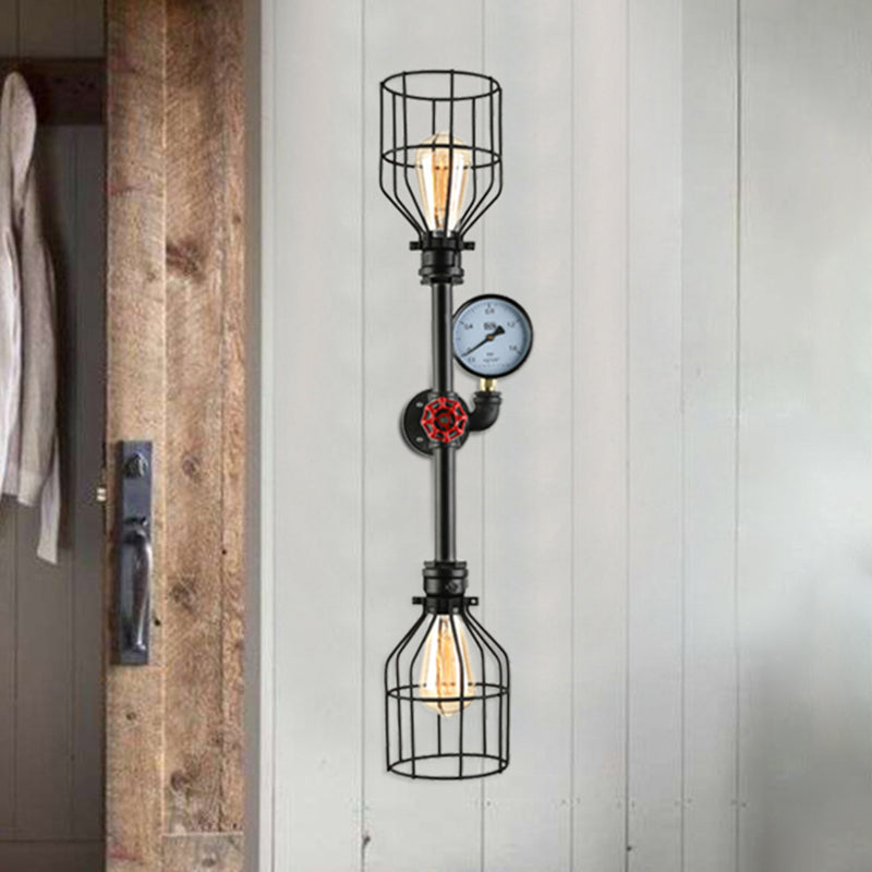 Metal Cage Shade Wall Sconce Fixture Industrial 2 Bulbs Living Room Wall Lighting with Gauge and Pipe in Black Clearhalo 'Art deco wall lights' 'Cast Iron' 'Glass' 'Industrial wall lights' 'Industrial' 'Middle century wall lights' 'Modern' 'Rustic wall lights' 'Tiffany' 'Traditional wall lights' 'Wall Lamps & Sconces' 'Wall Lights' Lighting' 468231