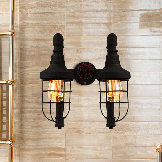 Black/Bronze Tubed Wall Light Fixture Industrial Metallic 2 Lights Kitchen Sconce Lighting with Cage Shade and Red Valve Clearhalo 'Art deco wall lights' 'Cast Iron' 'Glass' 'Industrial wall lights' 'Industrial' 'Middle century wall lights' 'Modern' 'Rustic wall lights' 'Tiffany' 'Traditional wall lights' 'Wall Lamps & Sconces' 'Wall Lights' Lighting' 468287