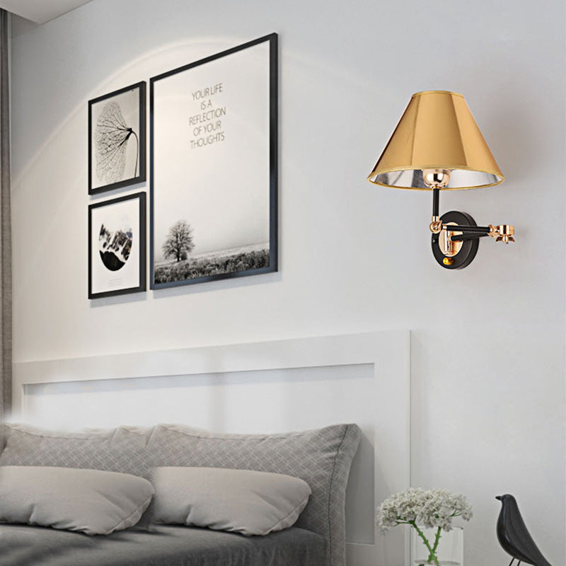 Metal Cone Wall Light Nordic 1 Light 10" W Indoor Wall Mounted Lamp with Swing Arm in Gold Finish Clearhalo 'Cast Iron' 'Glass' 'Industrial' 'Modern wall lights' 'Modern' 'Tiffany' 'Traditional wall lights' 'Wall Lamps & Sconces' 'Wall Lights' Lighting' 468329