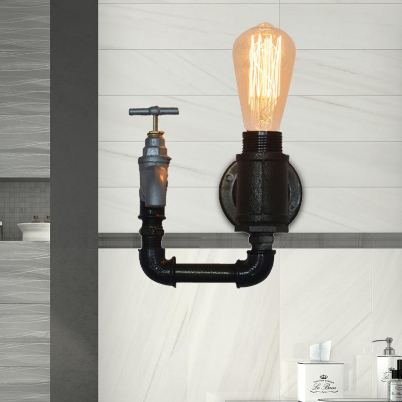 Black Water Pipe Wall Sconce Industrial Metal 1 Light Living Room Mini Wall Lighting with Gauge/Faucet Decoration Clearhalo 'Art deco wall lights' 'Cast Iron' 'Glass' 'Industrial wall lights' 'Industrial' 'Middle century wall lights' 'Modern' 'Rustic wall lights' 'Tiffany' 'Traditional wall lights' 'Wall Lamps & Sconces' 'Wall Lights' Lighting' 468341