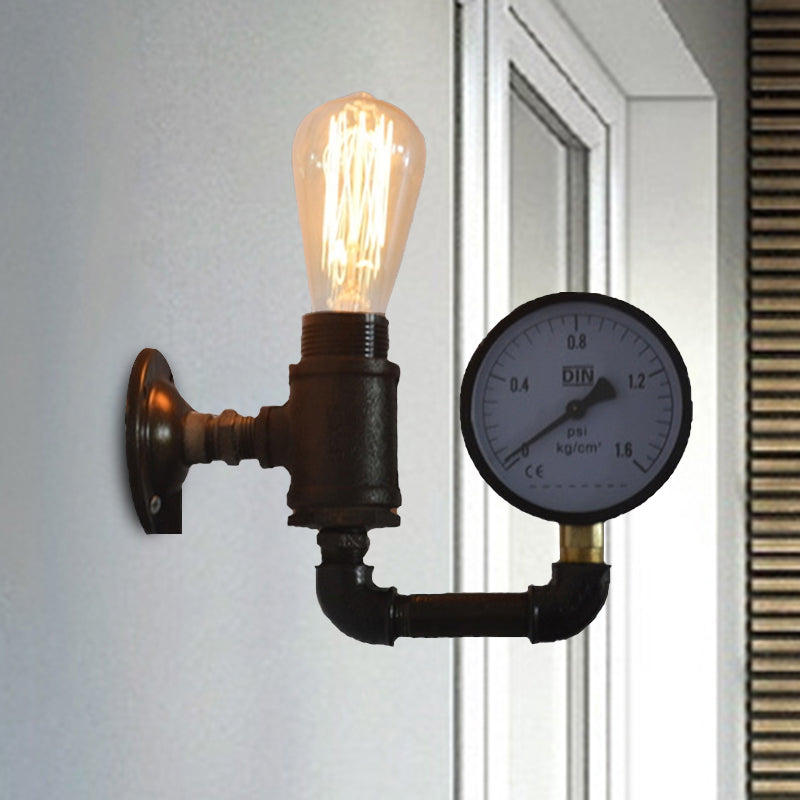 Black Water Pipe Wall Sconce Industrial Metal 1 Light Living Room Mini Wall Lighting with Gauge/Faucet Decoration Clearhalo 'Art deco wall lights' 'Cast Iron' 'Glass' 'Industrial wall lights' 'Industrial' 'Middle century wall lights' 'Modern' 'Rustic wall lights' 'Tiffany' 'Traditional wall lights' 'Wall Lamps & Sconces' 'Wall Lights' Lighting' 468342