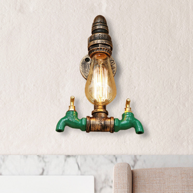 Double Faucet Metal Wall Lighting Fixture Vintage 1 Light Living Room Wall Mount Light with Pipe in Aged Brass Clearhalo 'Art deco wall lights' 'Cast Iron' 'Glass' 'Industrial wall lights' 'Industrial' 'Middle century wall lights' 'Modern' 'Rustic wall lights' 'Tiffany' 'Traditional wall lights' 'Wall Lamps & Sconces' 'Wall Lights' Lighting' 468352