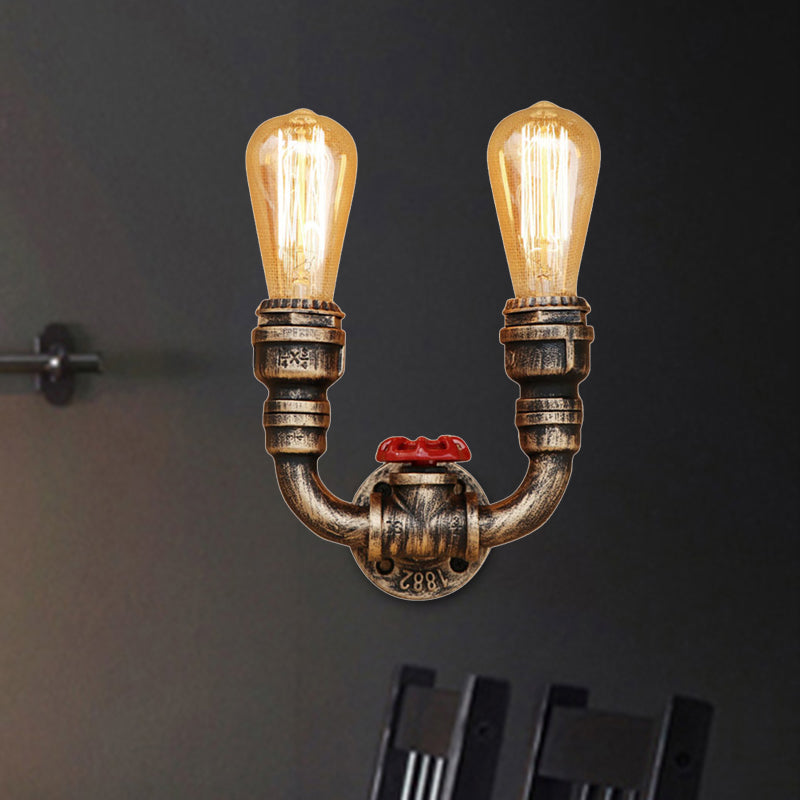 2 Heads Wall Lighting Warehouse Style U Shape Wrought Iron Sconce Light Fixture with Pipe in Aged Brass Clearhalo 'Art deco wall lights' 'Cast Iron' 'Glass' 'Industrial wall lights' 'Industrial' 'Middle century wall lights' 'Modern' 'Rustic wall lights' 'Tiffany' 'Traditional wall lights' 'Wall Lamps & Sconces' 'Wall Lights' Lighting' 468354