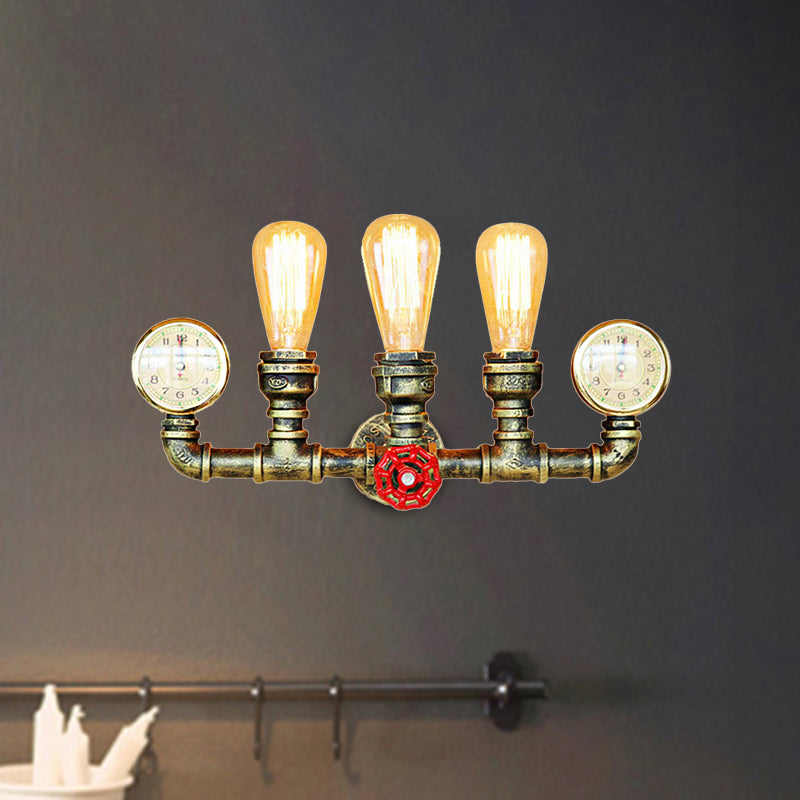 3 Lights Pipe Wall Lighting with Gauge and Valve Decoration Rustic Stylish Antique Brass Metal Wall Mount Light Clearhalo 'Art deco wall lights' 'Cast Iron' 'Glass' 'Industrial wall lights' 'Industrial' 'Middle century wall lights' 'Modern' 'Rustic wall lights' 'Tiffany' 'Traditional wall lights' 'Wall Lamps & Sconces' 'Wall Lights' Lighting' 468360