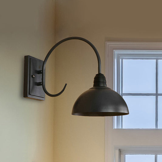 1 Head Wall Sconce Retro Domed Shade Metallic Sconce Lighting Fixture with Curved Arm in Black Clearhalo 'Cast Iron' 'Glass' 'Industrial' 'Modern wall lights' 'Modern' 'Tiffany' 'Traditional wall lights' 'Wall Lamps & Sconces' 'Wall Lights' Lighting' 468375