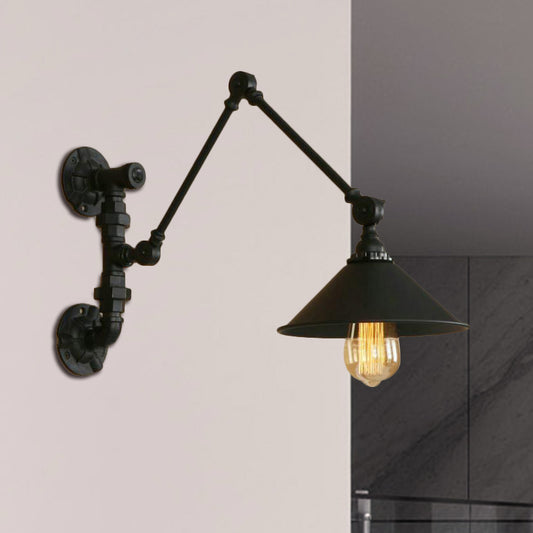 Swing Arm Bedroom Wall Sconce Industrial Metal 1 Light Black Wall Mount Light with Cone Shade, 7"/8.5" Wide Clearhalo 'Art deco wall lights' 'Cast Iron' 'Glass' 'Industrial wall lights' 'Industrial' 'Middle century wall lights' 'Modern' 'Rustic wall lights' 'Tiffany' 'Traditional wall lights' 'Wall Lamps & Sconces' 'Wall Lights' Lighting' 468384