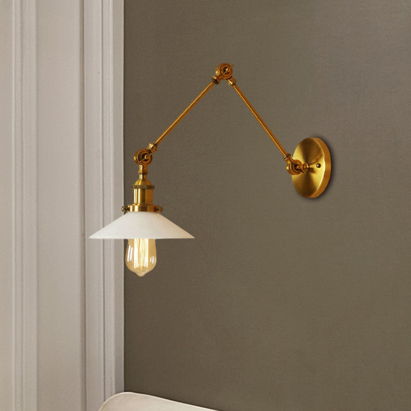 White Glass Brass Wall Sconce Lighting Cone 1-Light Industrial Light Fixture for Bedroom Clearhalo 'Art deco wall lights' 'Cast Iron' 'Glass' 'Industrial wall lights' 'Industrial' 'Middle century wall lights' 'Modern' 'Rustic wall lights' 'Tiffany' 'Traditional wall lights' 'Wall Lamps & Sconces' 'Wall Lights' Lighting' 468400