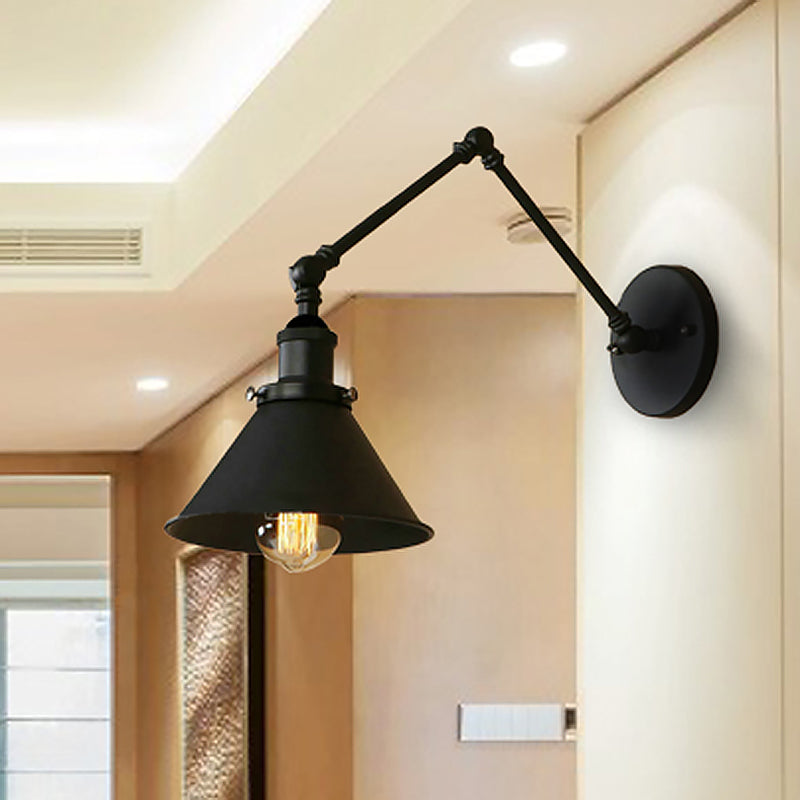 Metal Swing Arm Wall Mount Light Industrial 1 Bulb Study Room Wall Sconce with Tapered Shade in Black Clearhalo 'Art deco wall lights' 'Cast Iron' 'Glass' 'Industrial wall lights' 'Industrial' 'Middle century wall lights' 'Modern' 'Rustic wall lights' 'Tiffany' 'Traditional wall lights' 'Wall Lamps & Sconces' 'Wall Lights' Lighting' 468407