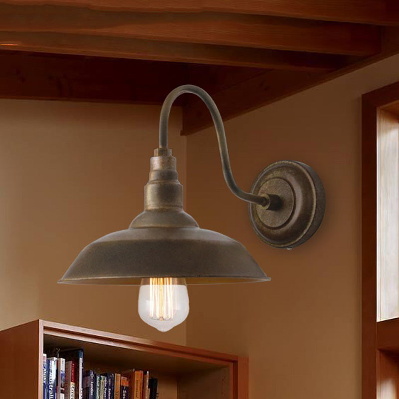 Antique Style Barn Wall Sconce Lamp 1 Light Iron Sconce Wall Lighting with Gooseneck Arm in Bronze/Rust for Bedroom Clearhalo 'Art deco wall lights' 'Cast Iron' 'Glass' 'Industrial wall lights' 'Industrial' 'Middle century wall lights' 'Modern' 'Rustic wall lights' 'Tiffany' 'Traditional wall lights' 'Wall Lamps & Sconces' 'Wall Lights' Lighting' 468411