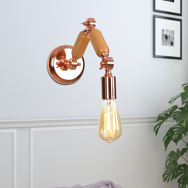 Wooden Armed Sconce Lighting with Bare Bulb Industrial Metal 1 Head Living Room Wall Light in Rose Gold Clearhalo 'Art deco wall lights' 'Cast Iron' 'Glass' 'Industrial wall lights' 'Industrial' 'Middle century wall lights' 'Modern' 'Rustic wall lights' 'Tiffany' 'Traditional wall lights' 'Wall Lamps & Sconces' 'Wall Lights' Lighting' 468500