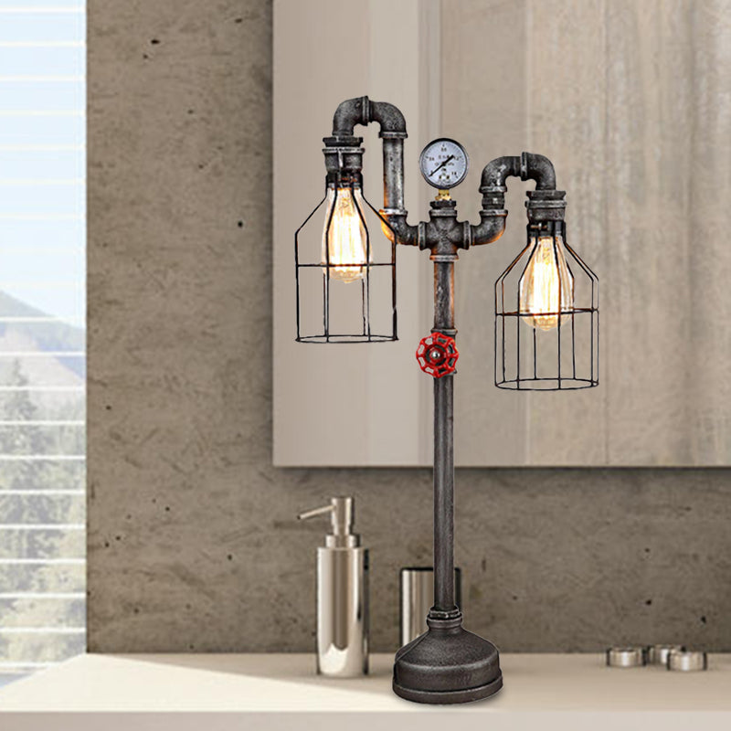 Industrial Wire Guard Table Light with Gauge and Valve 2 Lights Wrought Iron Standing Table Light in Silver Clearhalo 'Lamps' 'Table Lamps' Lighting' 468543