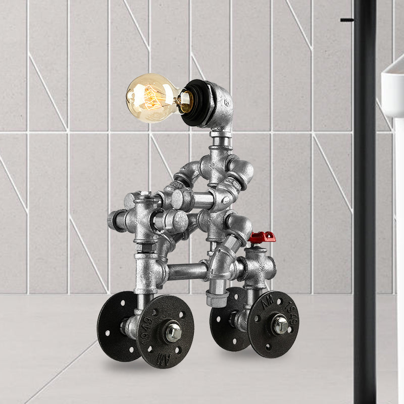 Wrought Iron Robot Design Table Lamp with Water Pipe Industrial 1/3-Bulb Bedroom Standing Table Light in Silver Clearhalo 'Lamps' 'Table Lamps' Lighting' 468551