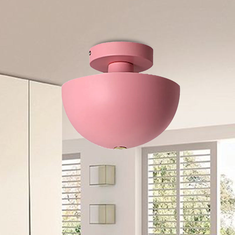 Pink/Yellow/Navy Bowl Semi Flush Ceiling Light Contemporary Metal 1 Bulb Dining Room Semi Flush Mount Lighting Clearhalo 'Ceiling Lights' 'Close To Ceiling Lights' 'Close to ceiling' 'Semi-flushmount' Lighting' 468590